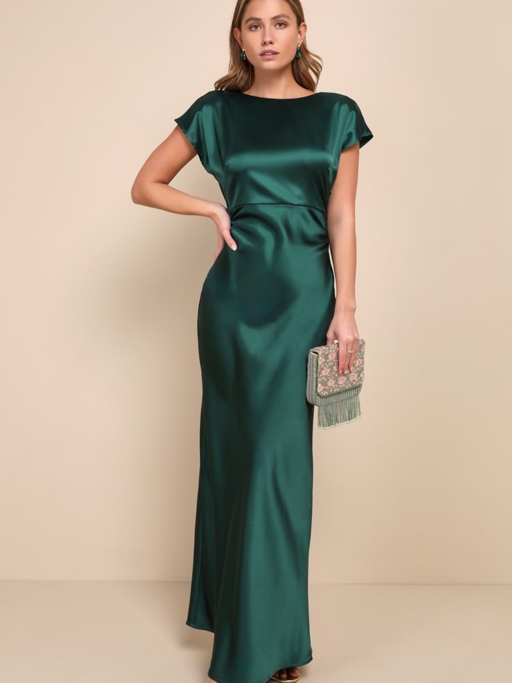 Nwt Lulus Captivating Presence Forest Green Satin Cowl Back Maxi Dress
